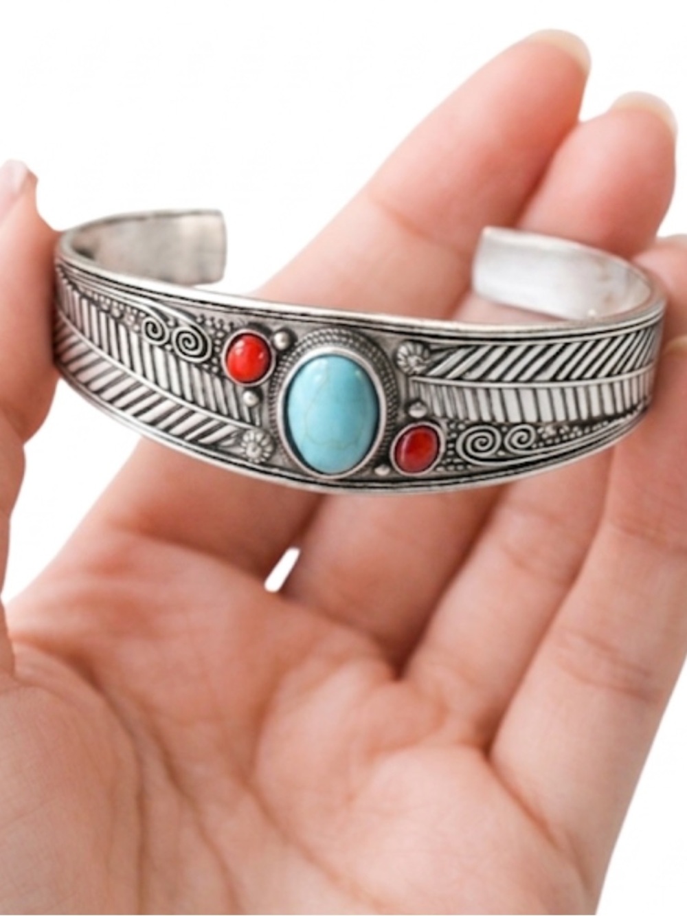 Adjustable Boho Turquoise & Red Gemstone Cuff Bracelet Western Statement Bangle